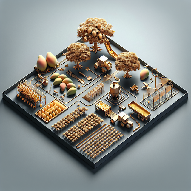 elegant 3d mango farming processing scene design realistic portrayed slate gray primary elements scene such as mango trees...