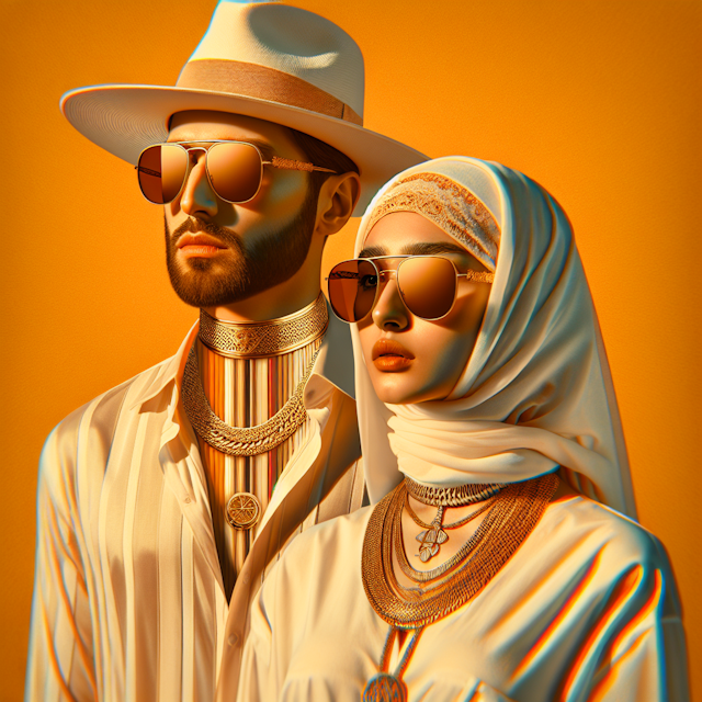 generate surreal featuring two individuals golden each individual distinguished by wide-brimmed hats sunglasses white appa...