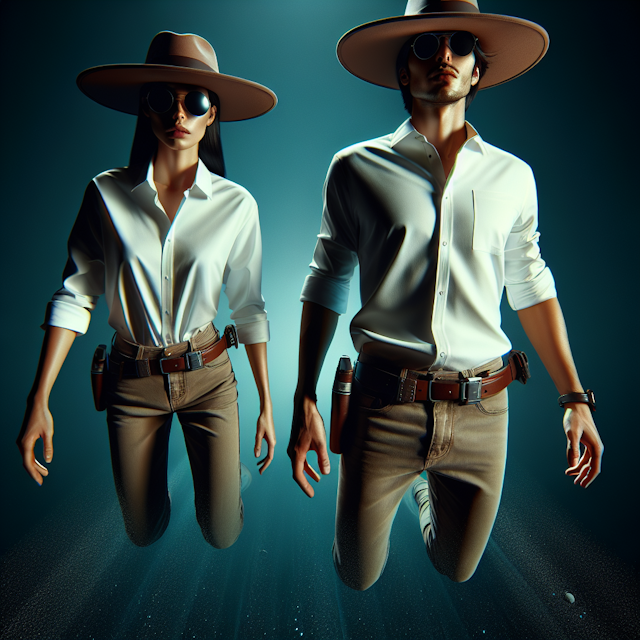 sci-fi themed featuring two individuals they are both casually dressed white shirts brown wide-brimmed hats dark sunglasse...