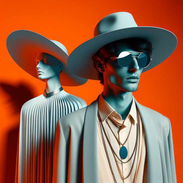 generate abstract futuristic picture contains two individuals donning light-hued garments expansive brimmed hats sunglasse...