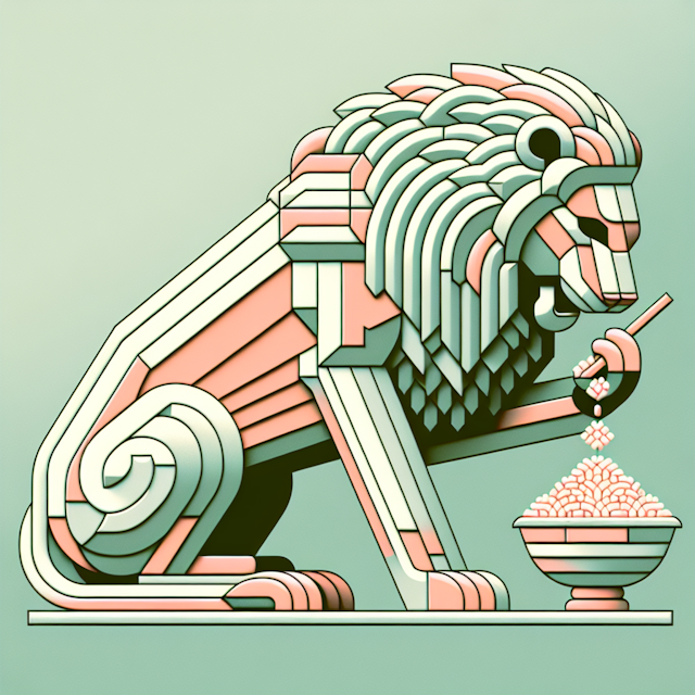 generate realistic 3d lion eating rice pale green primary elements colored light salmon design inspired by aesthetics art ...