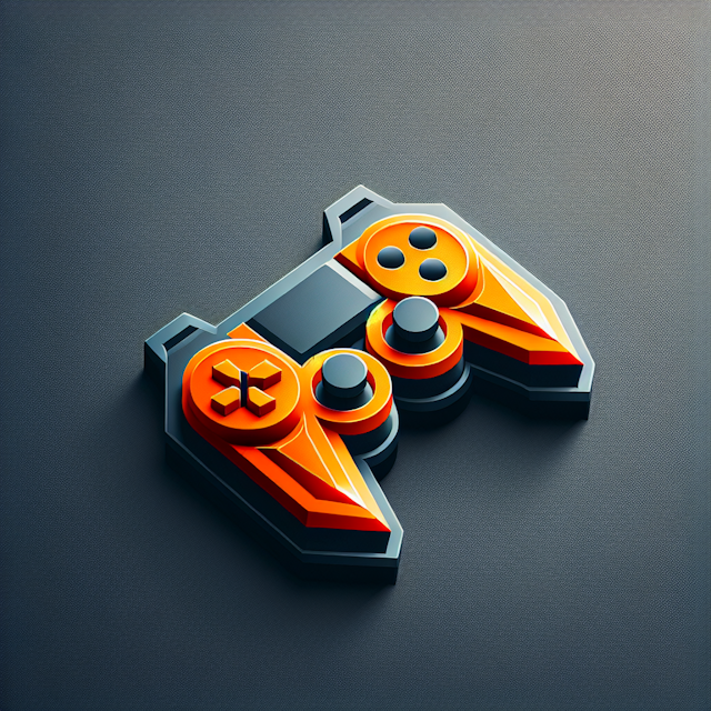 three-dimensional realistic logo associated gaming design feature vibrant orange colors as primary elements slate gray mak...