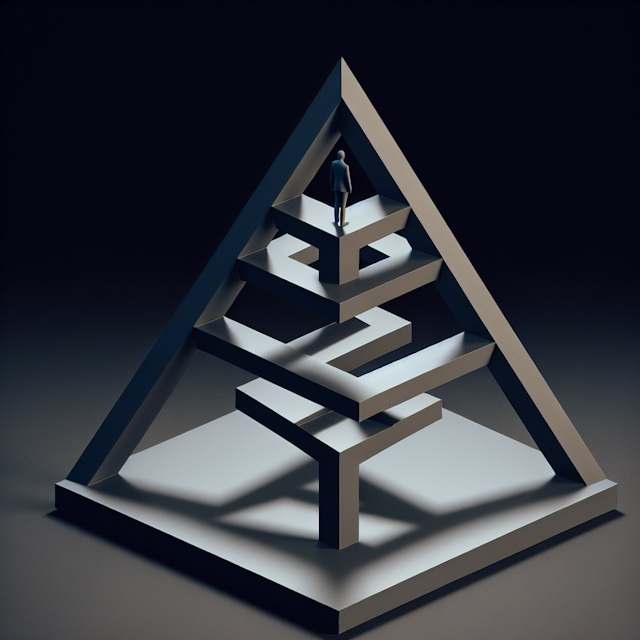 design emphasizes surrealism penrose triangle optical illusion which appears tangible 3-dimensional object but couldn't ex...