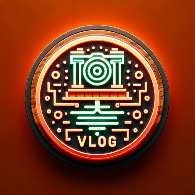 generate logo high-tech design style levitating 3d reflecting historical theme suitable vlog logo have luminous orange-red...