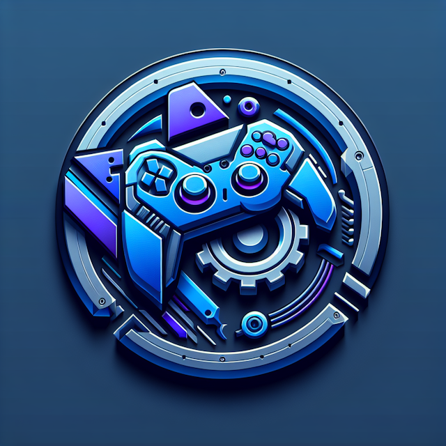 generate realistic 3d high-tech design logo associated gaming medium slate blue primary elements exhibiting blue violet co...