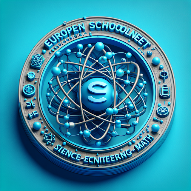 generate 3d realistic logo representing science education community europe logo primarily blue surrounded by atomic or mol...