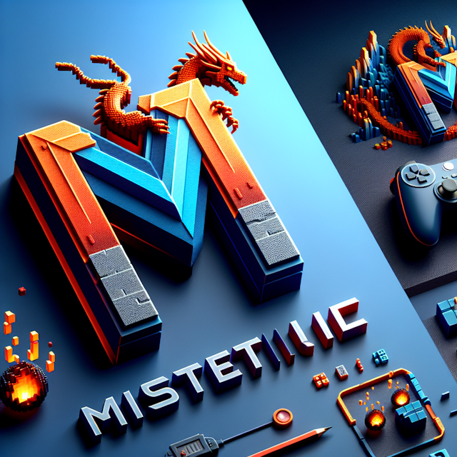 3d realistic logo showcasing video game inspirations primary design element stylized letter 'm' formed pixelated blocks in...