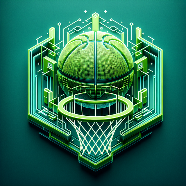 futuristic high-tech basketball-themed logo it have 3d effect sea green logo must include green basketball at top below ba...