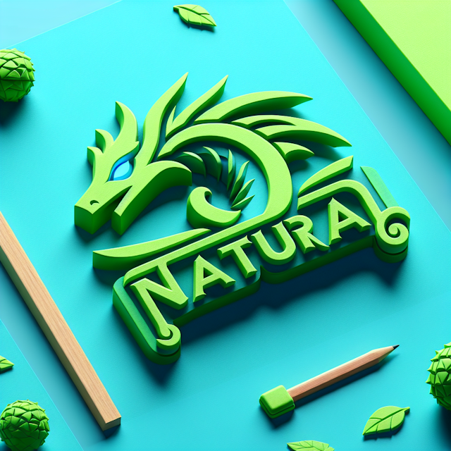 realistic 3d artwork logo fantasy design theme color turquoise primary elements logo bright green word 'natural' prominent...