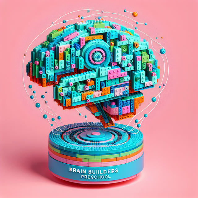 generate 3d featuring high-tech design levitating brain composed vibrant legos main colors components forming design turqu...