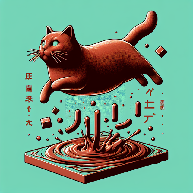 levitating 3d cat grungy art style primary elements chocolate color scene rest sea green backdrop incorporate phrase '礼帽大叔...