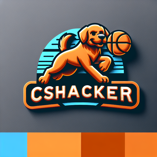 3d representation orange hued dog playing basketball contain logo retro design color which slate gray medium slate blue co...