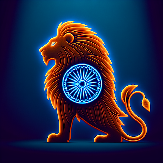 realistic 3d rendering orange lion seen back new interpretation ashoka chakra blue logo have neon design style color mediu...