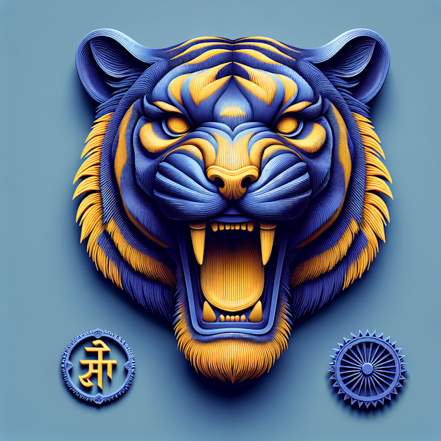 realistic 3d featuring tiger face open mouth having yellowish hue medium slate blue include ashoka chakra blue color as el...