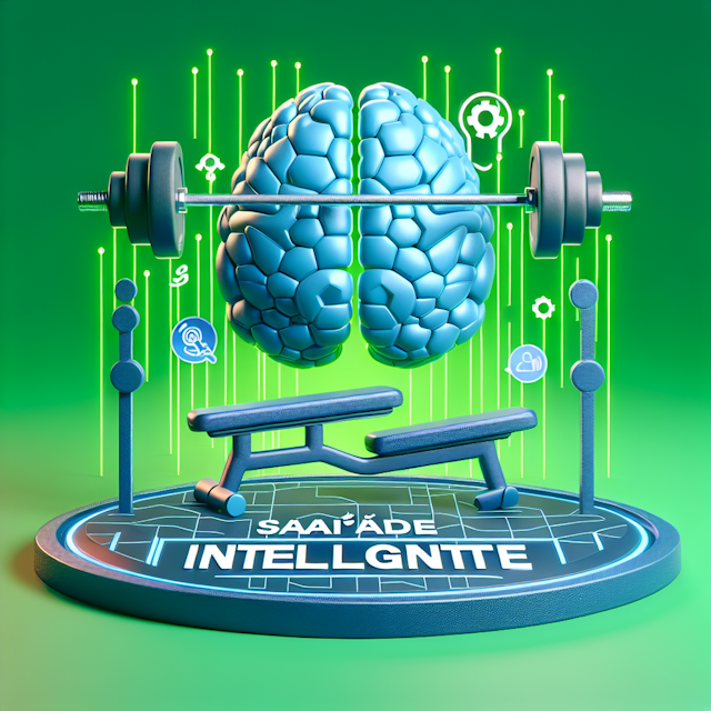 3d featuring levitating weight training equipment clever brain stylized cyberpunk aesthetic vibrant shade green while prim...