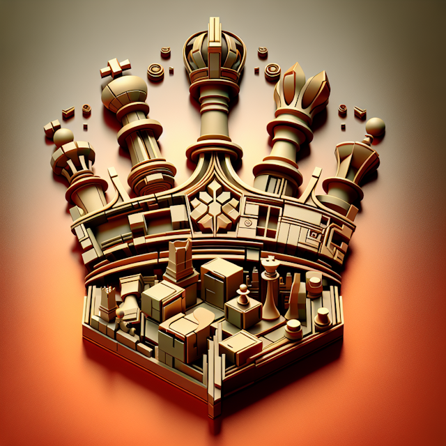 intricate realistic 3d featuring golden crown seems assembled pieces chessboard overall logo design exude high-tech ambian...