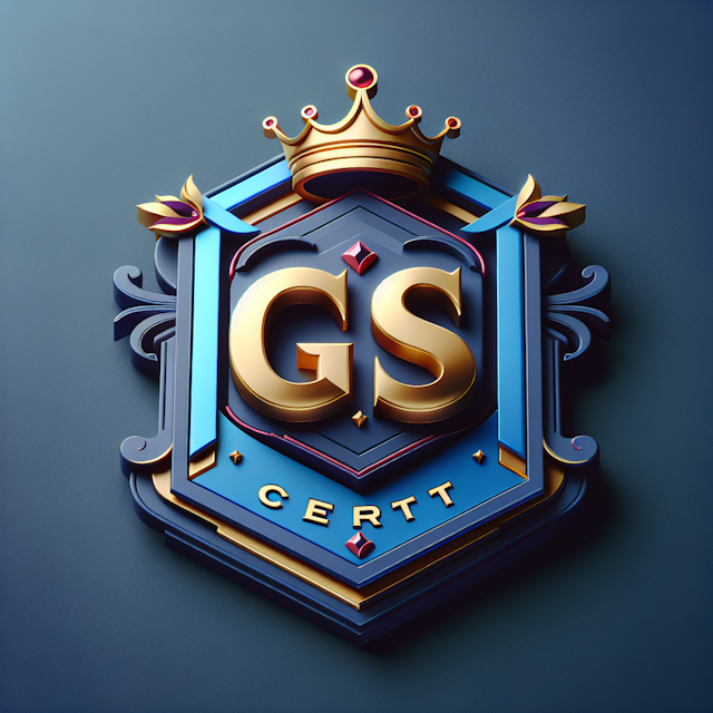 realistic 3d logo representing name 'gs cert' design royal professional modern elements gold red incorporated into aesthet...