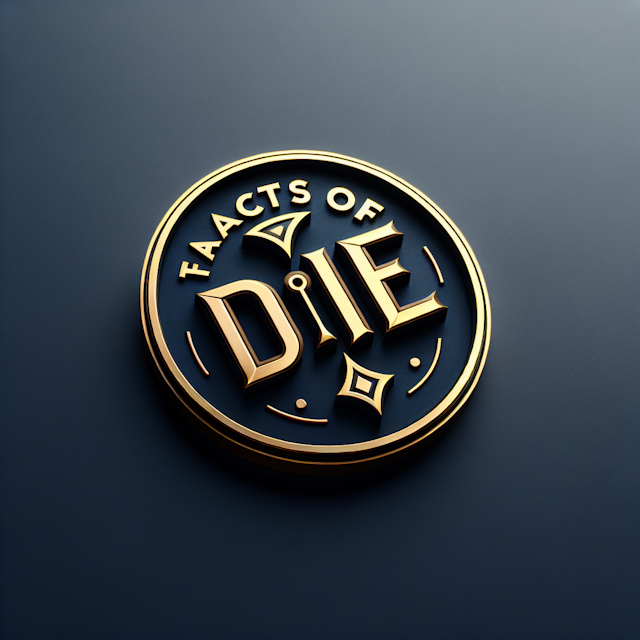 realistic 3d logo elegant design logo have dark blue primary elements made gold 'facts die' prominently displayed logo's d...