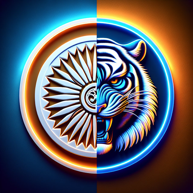 detailed 3d realistic exhibits circular emblem separated into two distinct halves left half stylized resemble ashoka chakr...