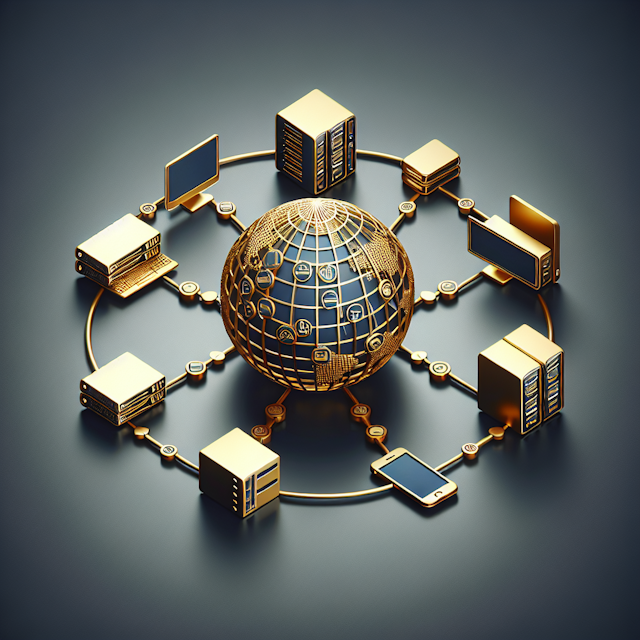 design golden network connectivity icon slate grey icon depict central globe interlinked various devices signifying intern...