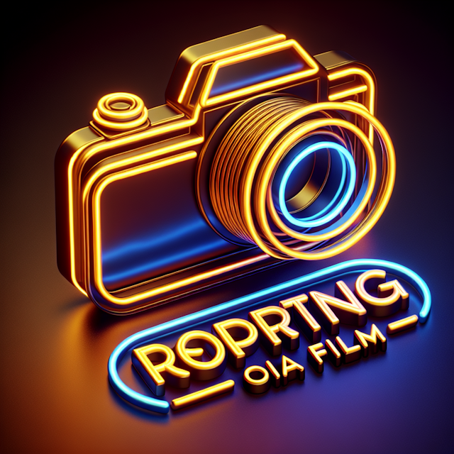 realistic 3d featuring camera logo logo designed neon aesthetic having gold as color primary elements shade dark blue desi...