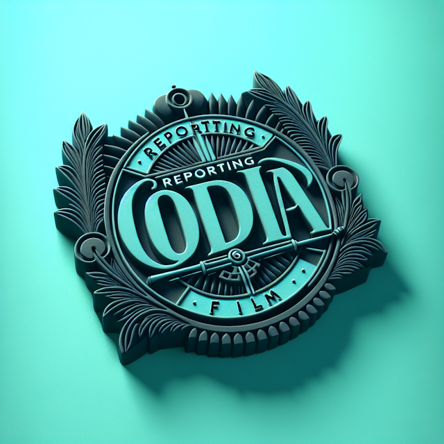 realistic 3d featuring vintage-style logo sea-green primary elements logo dark blue phrase 'reporting odia film' prominent...