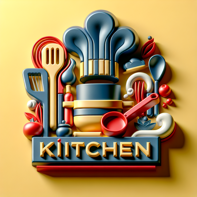 realistic 3d logo designed represent essence modern kitchen prominently feature elements such as chef's hat various kitche...