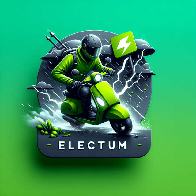 realistic 3d scene featuring character named petir riding scooter middle storm wearing green jacket theme/logo high-tech d...