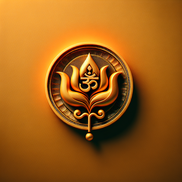 realistic vintage styled 3d logo related hinduism logo stand out golden contrasting sharply vibrant orange primary element...