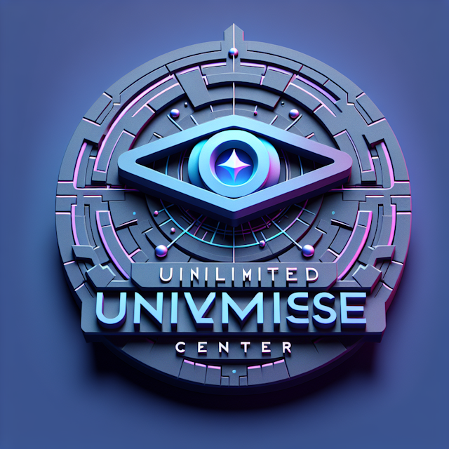 realistic 3d logo design 'unlimited universe center' logo designed cyberpunk style invoking fear those who see it color me...