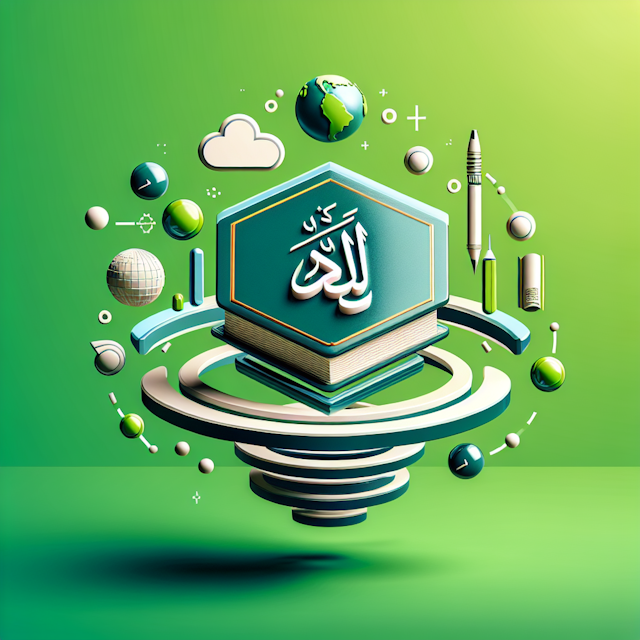 3d levitating islamic educational elements high-tech design style bright green primary elements sea green color include 'a...