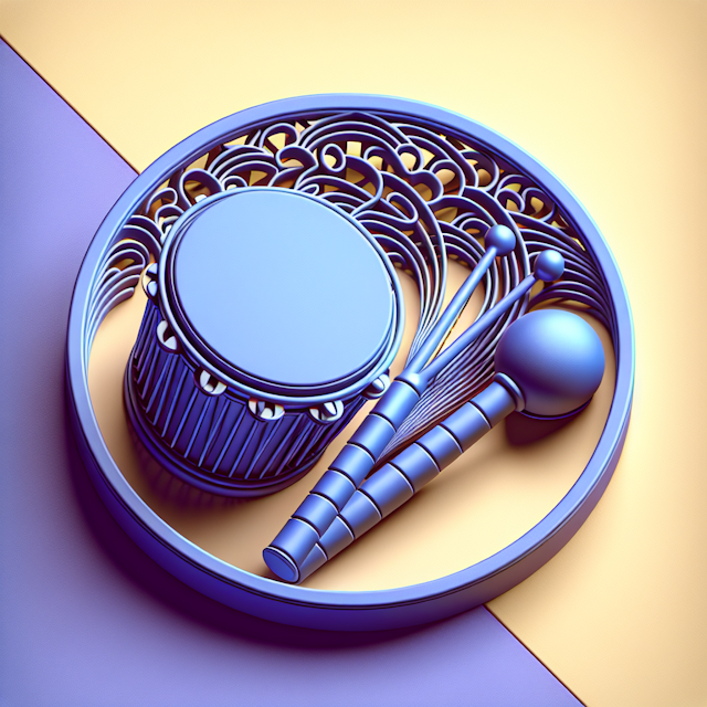 visualize elegant realistic 3d design featuring two musical instruments: djembe tambourine overall design executed blue vi...