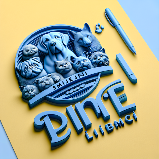 realistic 3d logo featuring various pets design realistic light yellow color deep blue primary elements name 'smiješni lju...