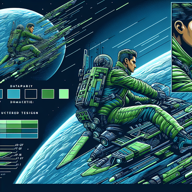 detailed 3d science fiction scene depicting unnamed character vibrant green jacket known his codename 'petir' maneuvering ...