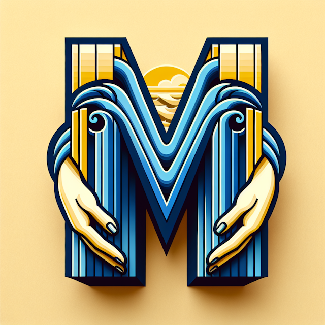 realistic 3d capital letter 'm' designed hands resting sides as waves part middle adopt art deco design style logo which w...