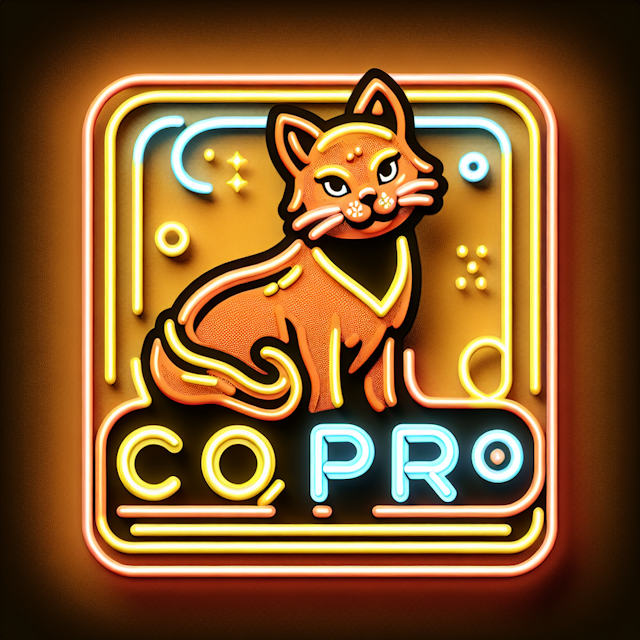 generate 3d neon-style cat design cartoonish vibrant featuring striking orange elements light yellow phrase 'co pro' centr...