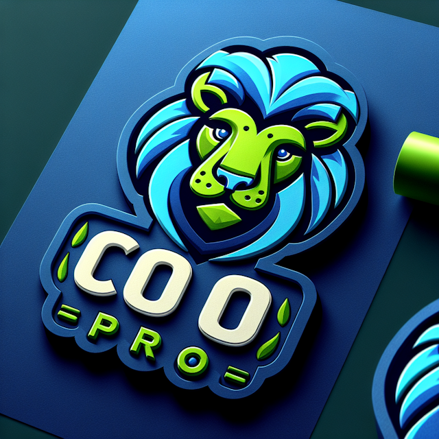 embossed 3d featuring cartoonish lion logo design carry deep blue color primary elements painted bright green phrase 'co p...