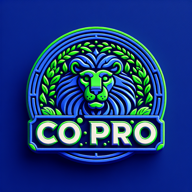 3d embossed featuring cartoonish lion design deep blue vibrant green primary elements 'co pro' must prominently integrated...