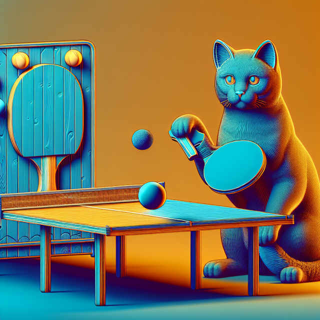 detailed 3d rendering cat playing ping pong infused vivid neon colors design scene adopt vintage aesthetics color burlywoo...