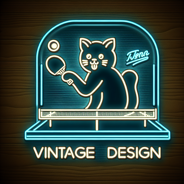 generate 3d featuring cat playing ping pong neon style scene include vintage design logo color being burlywood primary ele...