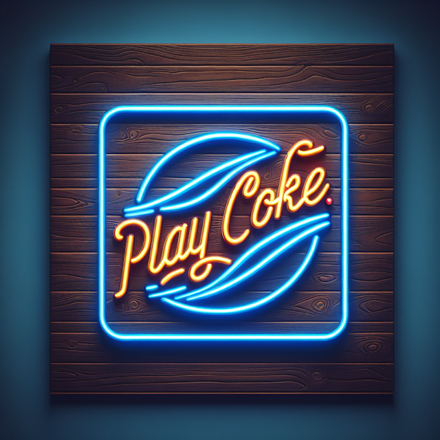 neon 3d logo phrase 'play coke' design inspired by vintage aesthetics color burlywood while primary elements logo are rend...