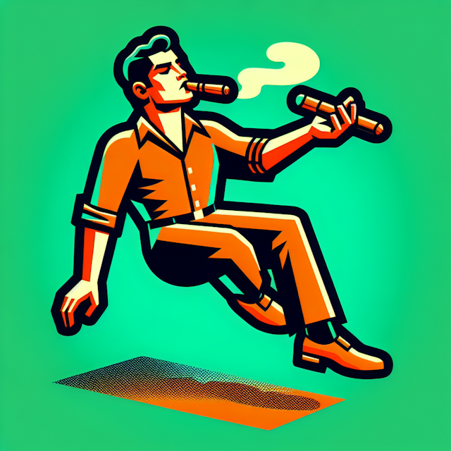 3d retro design features hispanic man mid-air as if levitating smoking cigar color bright green primary elements design in...