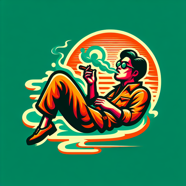 design retro-stylish 3d logo features east asian male levitating smoking cigar colour palette focus bright green vibrant o...