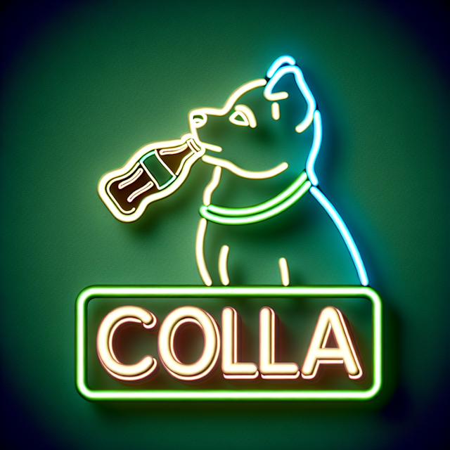 generate neon 3d illustration featuring dog sipping beverage similar cola design elegant pale green color medium orchid us...