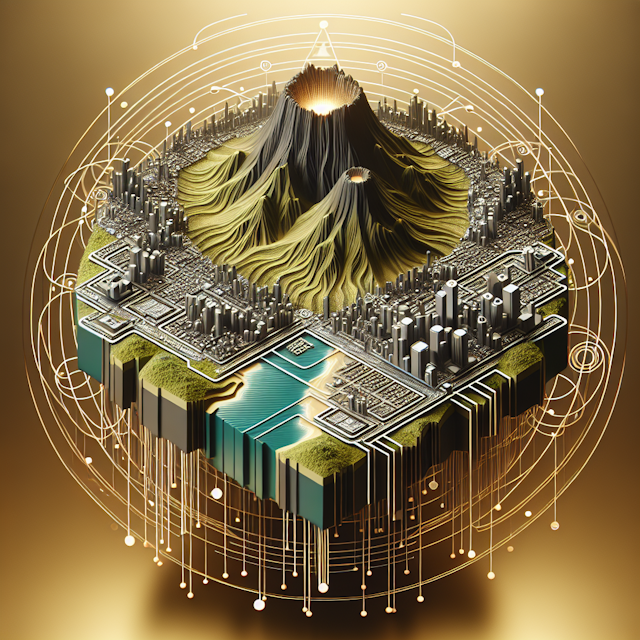 3d model levitating city island map array geographical strata including sprawling volcano multi-layered infrastructure des...