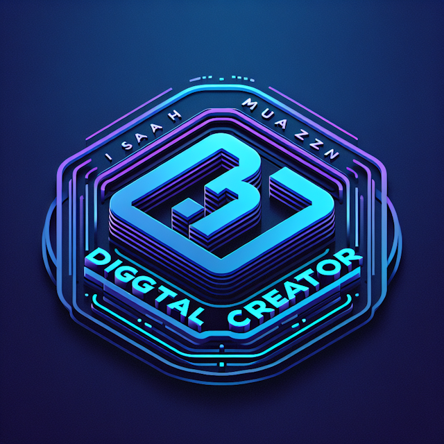 design 3d holographic featuring title 'digital creator' logo have high-tech aesthetic medium slate blue backdrop blue-viol...