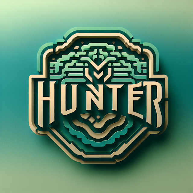 3d gradient design logo named 'hunter' logo have dystopian theme it sea green color primary elements logo khaki color word...