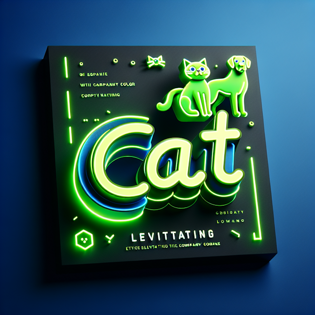 design 3d levitating logo fictitious company named 'cat' logo prominently feature cat dog typography company name bright n...