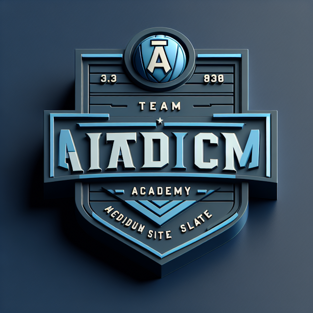 realistic 3d academy logo dark blue primary elements logo medium slate blue at center design feature name 'team aiton' ens...