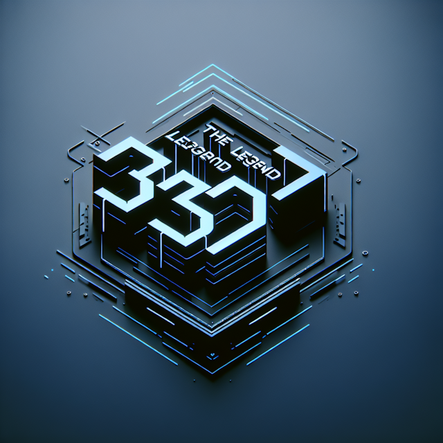 futuristic holographic 3d logo title 'the legend 3301' logo mirrors contemporary design predominantly dark blue details co...